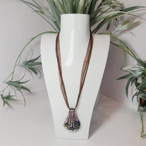 Jewelry - Iridescent Art Glass Pendant Necklace - Unique Teardrop Boho Style